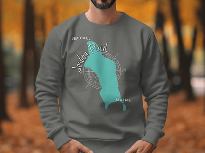 Gray sweatshirt with a teal map of Maine and "Beautiful Jordan Pond" text.