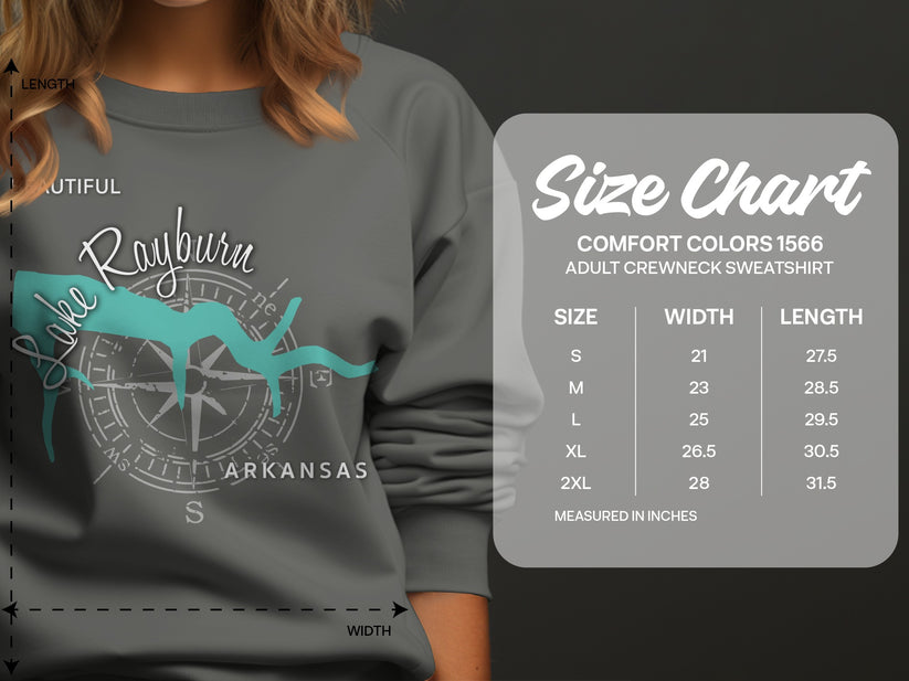 Comfort Colors 1566 sweatshirt size chart with measurements.