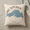 Cream pillow with blue Lake Superior map and "Lake Superior Wisconsin" text.