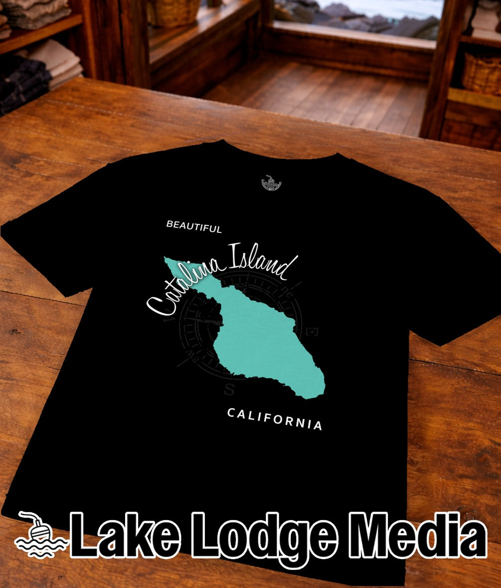 Black t-shirt with a map of Catalina Island, California.