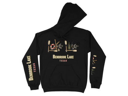 Black hoodie with "Benbrook Lake Texas" text and nautical graphic on chest.