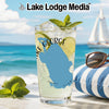Glass with Lake George map and "Lake Lodge Media" logo on beach background.