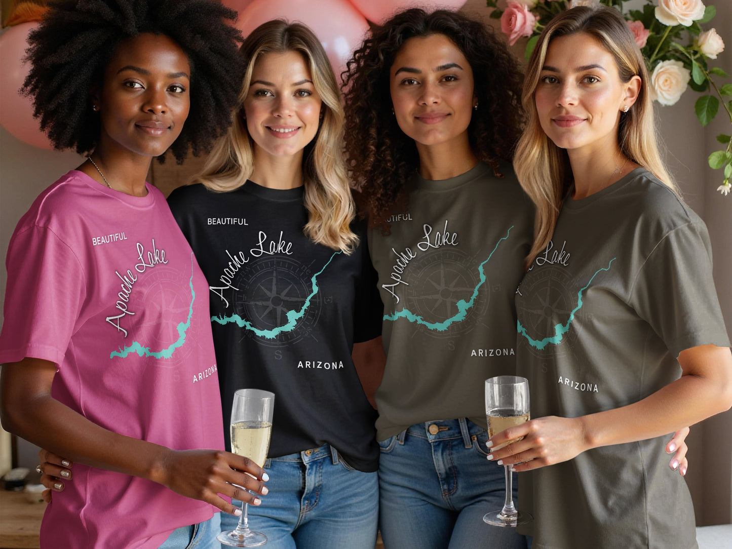 Four women wear t-shirts with Apache Lake, Arizona graphic designs.