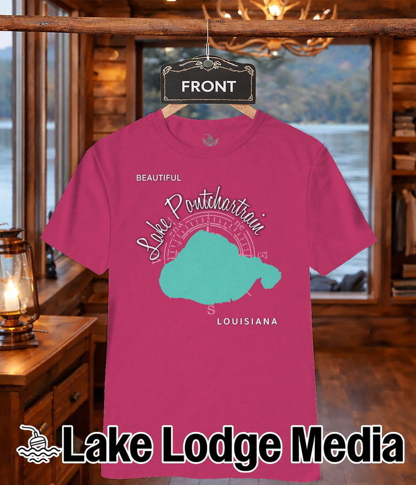 Pink t-shirt with "Lake Pontchartrain Louisiana" and map graphic.