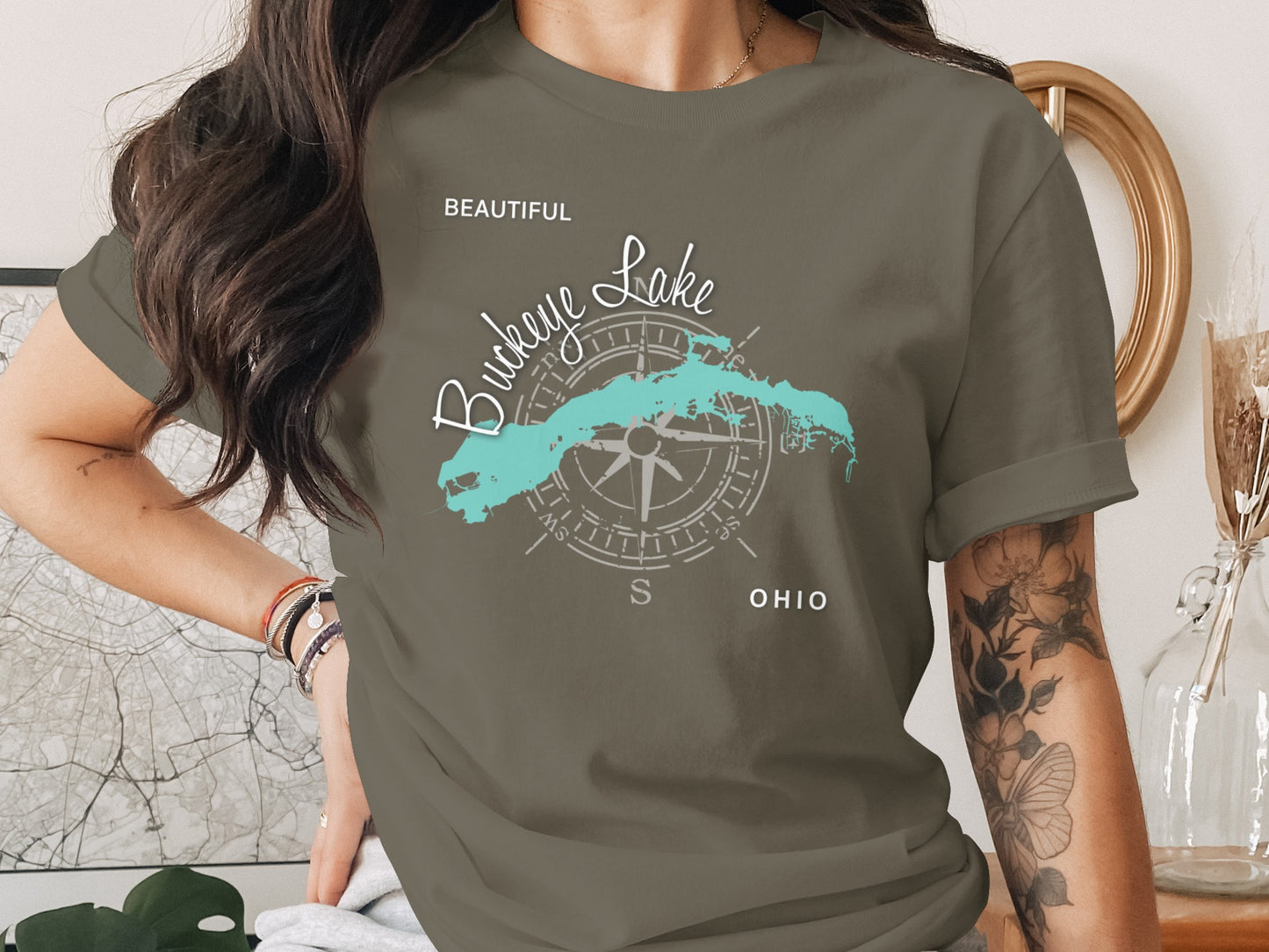 Buckeye Lake Ohio compass rose graphic on a dark gray t-shirt.