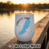 A white insulated wine tumbler featuring a blue map of Carlyle Lake, Illinois, and a compass design.