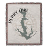 Woven blanket with map of Perry Lake, Kansas, and compass rose design.
