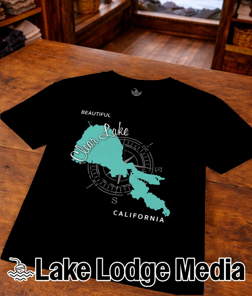 Black t-shirt with a teal map of Clear Lake, California, and compass rose.