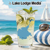 Glass with "Mothy Lake" and Oregon map design, beach background.