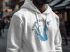 White hoodie with Calaveras Lake outline and compass graphic on chest.