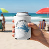 White can koozie with Lake Rampart Colorado map and compass design