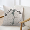 Pillow with Bear Canyon Lake map, compass, and Arizona text.