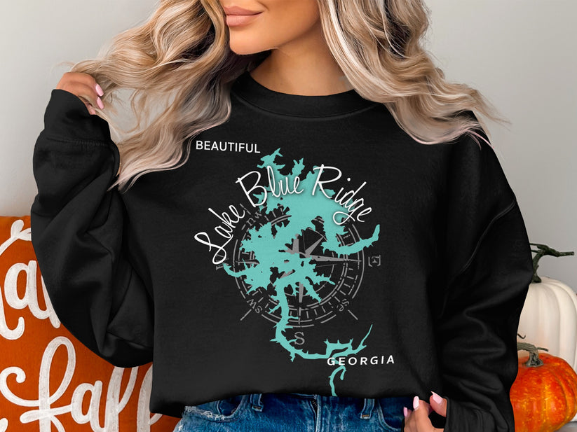 Black sweatshirt with "Lake Blue Ridge GEORGIA" map and compass graphic.
