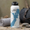 White water bottle with blue map of Lake Tahoe and "CALI" text.