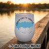 White wine tumbler with a blue map and compass design that reads Grand Lake St. Marys Ohio.