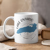 White mug with blue Lake Ontario map silhouette and compass graphic.