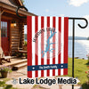 Red and white striped garden flag for Jordan Lake, North Carolina, with family name.