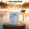 White mug with Lake Jacomo Missouri map and compass design.
