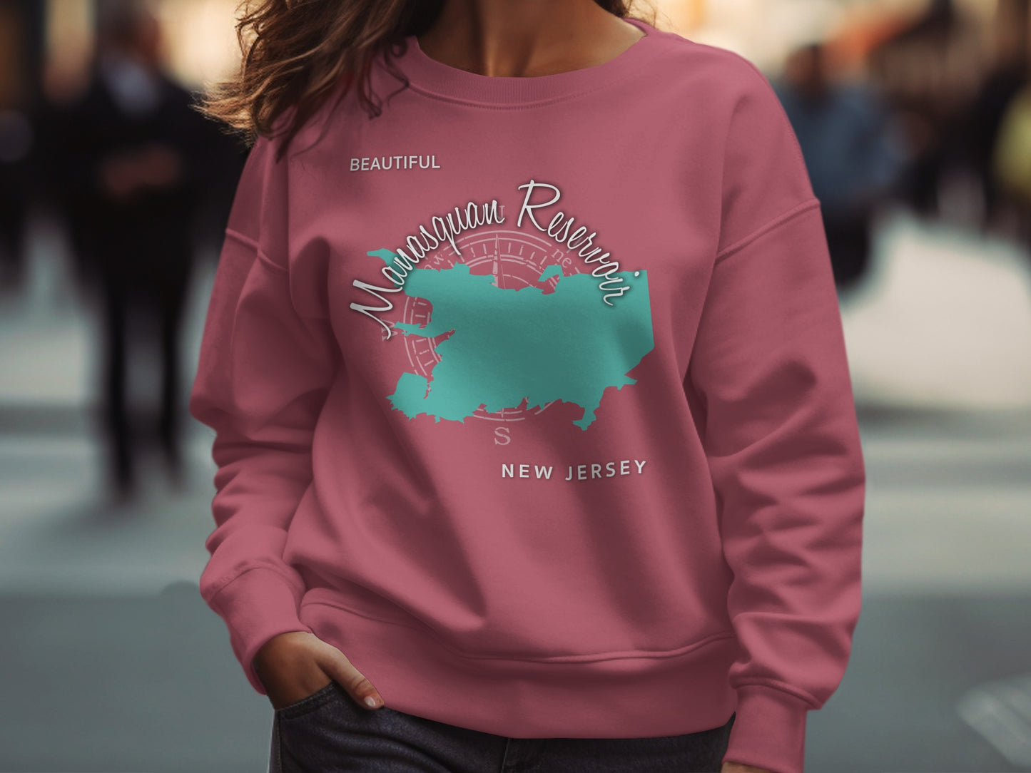 Marqsuan Reservoir New Jersey map graphic on a mauve sweatshirt.