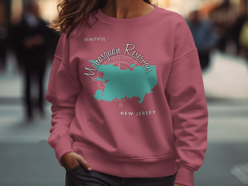 Marqsuan Reservoir New Jersey map graphic on a mauve sweatshirt.