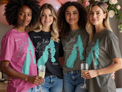 Four women wear t-shirts with "Payette Lake IDAHO" printed on them.