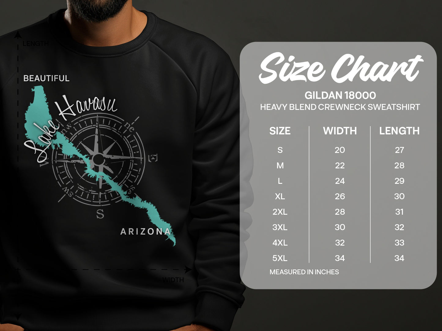 Crewneck sweatshirt size chart for Gildan 18000 with Lake Havasu graphic.