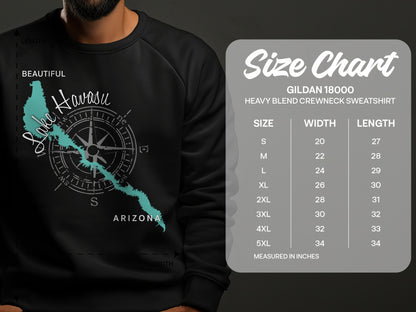 Crewneck sweatshirt size chart for Gildan 18000 with Lake Havasu graphic.