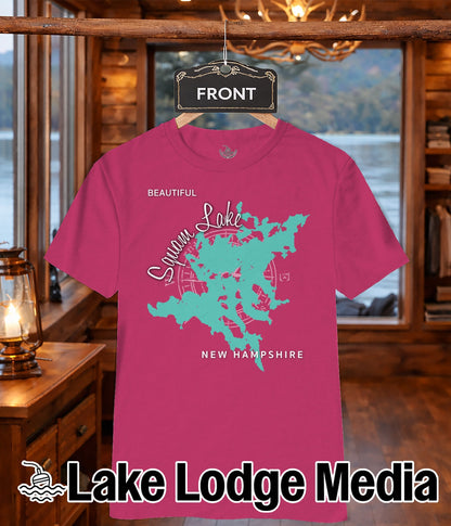 Pink t-shirt with "Squam Lake" and "New Hampshire" map design.
