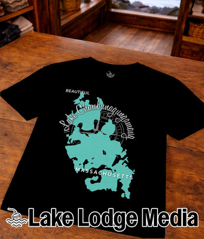 Black t-shirt with Massachusetts map design and "Lake Chaubunagungamaug" text.