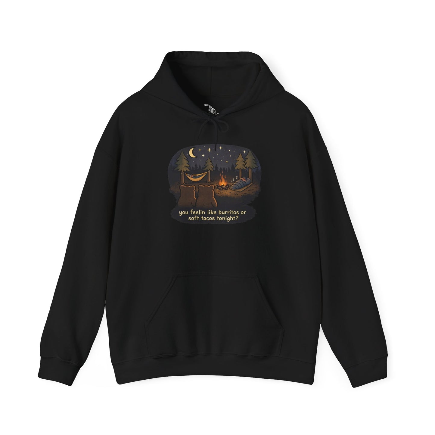 Campfire Bears Humor Hoodie, People in Sleeping Bags are Bear Burritos and Tacos Joke, Camping Hiking Smores Bonfire Apparel