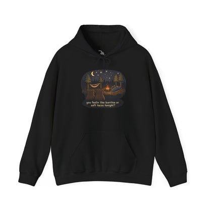 Campfire Bears Humor Hoodie, People in Sleeping Bags are Bear Burritos and Tacos Joke, Camping Hiking Smores Bonfire Apparel
