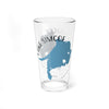 Glass with blue Lake Simcoe map and compass rose graphic.