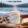 White mug with Mountain Island Lake, North Carolina map and compass design.