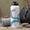 White water bottle with "LAKE" text and lake map design