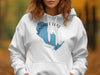White hoodie with blue Sandhill Lake outline and "WISCONSIN" text design.