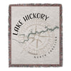 Throw blanket with Lake Hickory map and compass design, and North Carolina text.