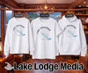 White long-sleeve, short-sleeve shirt, and hoodie featuring a compass with a lake map and "Lake Panorama" text.