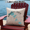 Pillow with "Madison Lakes Wisconsin" map and compass design on Adirondack chair.
