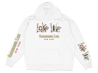 White hoodie with "Lake Life Canandaigua Lake New York" graphic on front and sleeve.