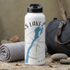 White water bottle with blue lake map graphic and compass rose, reads "Lake": 9 words