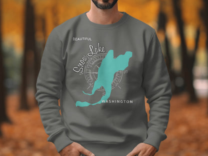 Gray sweatshirt with turquoise Snow Lake map and compass graphic.