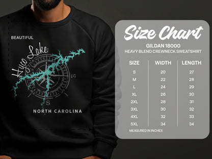 Crewneck sweatshirt size chart for Gildan 18000 with Lake Norman, NC graphic.