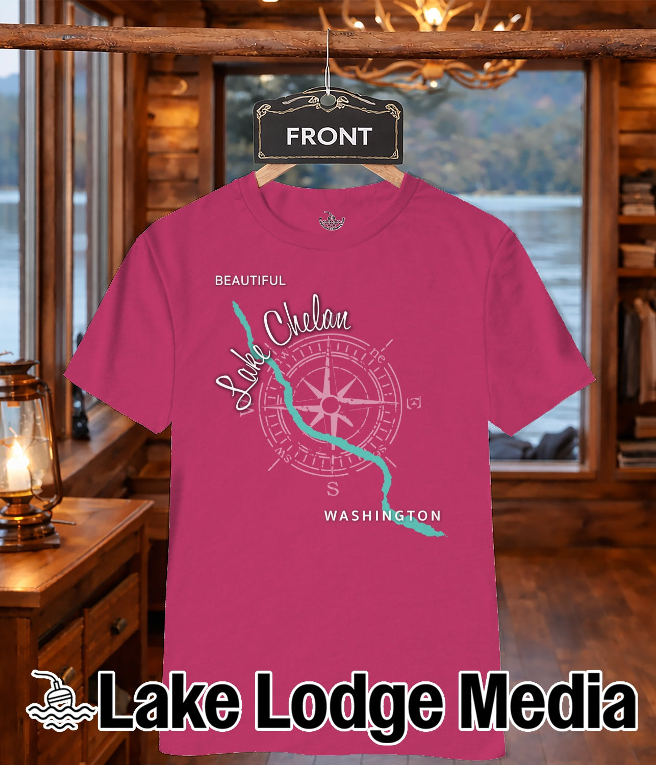 Pink t-shirt with compass rose and "Lake Chelan Washington" text.