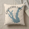 Calaveras Lake Texas map on cream pillow with compass rose and logo.