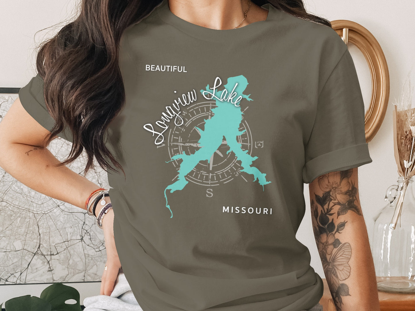 T-shirt with Longview Lake, Missouri map and compass graphic.