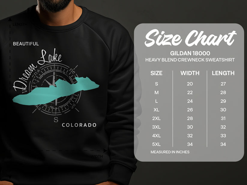 Crewneck sweatshirt with "Dream Lake Colorado" graphic and size chart.