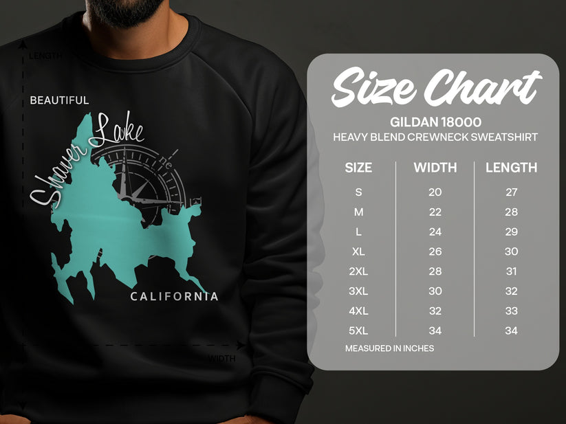 Shaver Lake California graphic on black sweatshirt, with size chart.