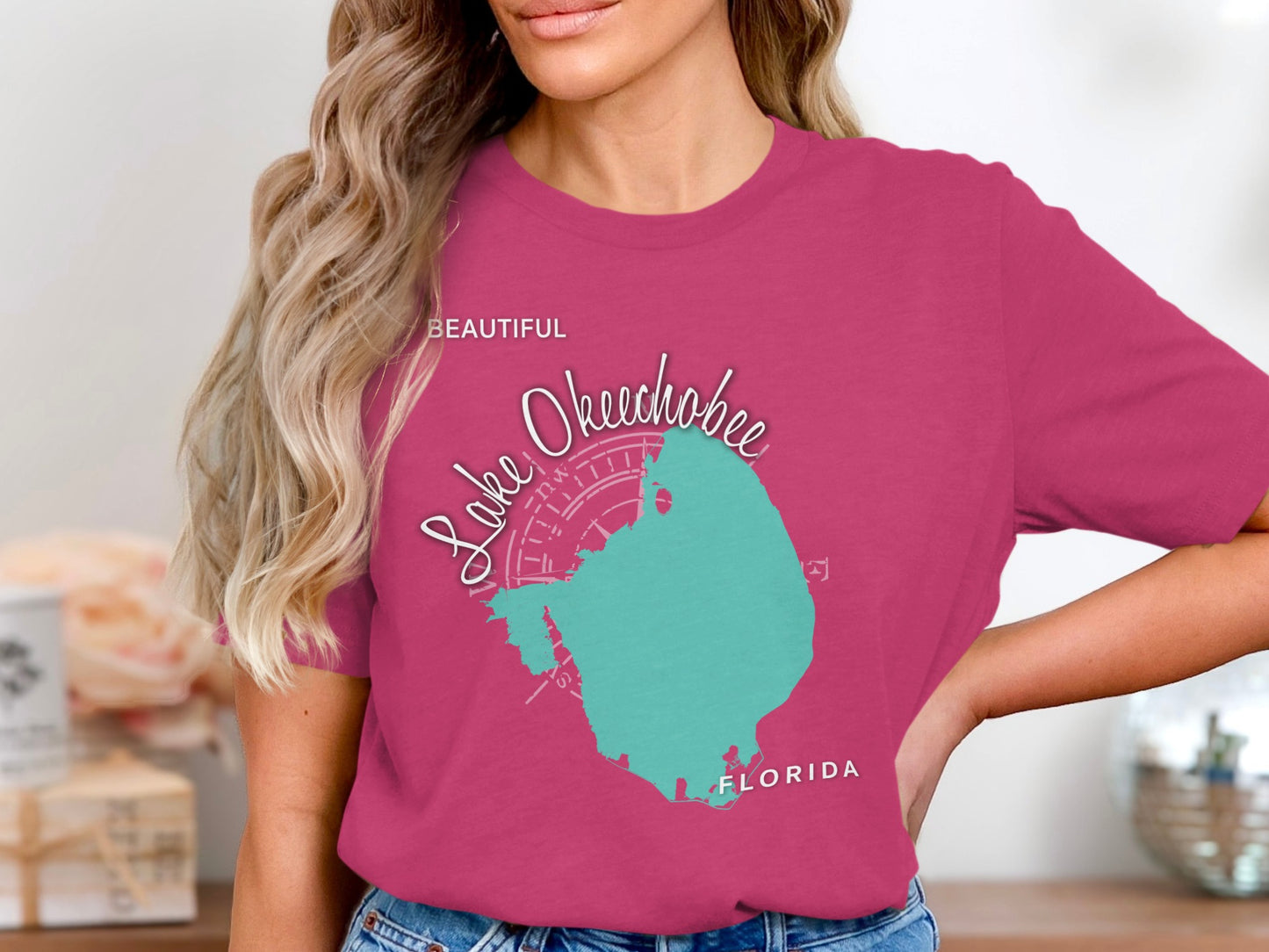 Turquoise Lake Okeechobee map with compass rose and text "Beautiful Florida".