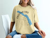 Yellow t-shirt with Eklutna Lake, Alaska map and compass graphic.