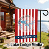 Patoka Lake Indiana garden flag with red and white stripes and family name.